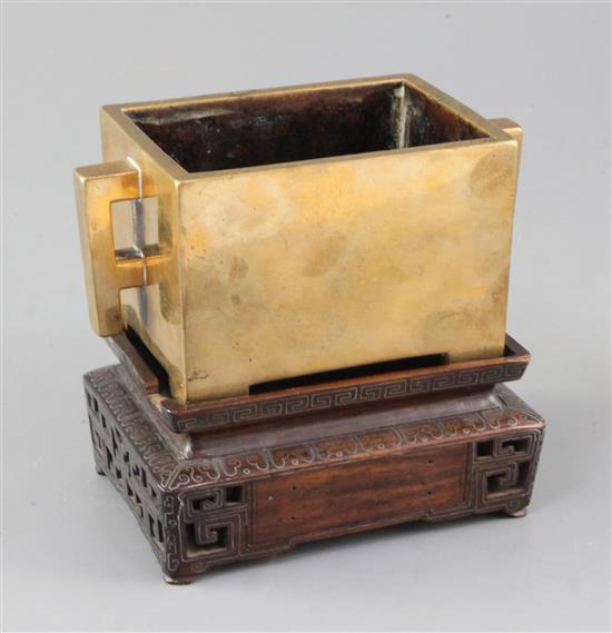 A good Chinese bronze rectangular censer, fangding, 18th century, width to handles 15cm